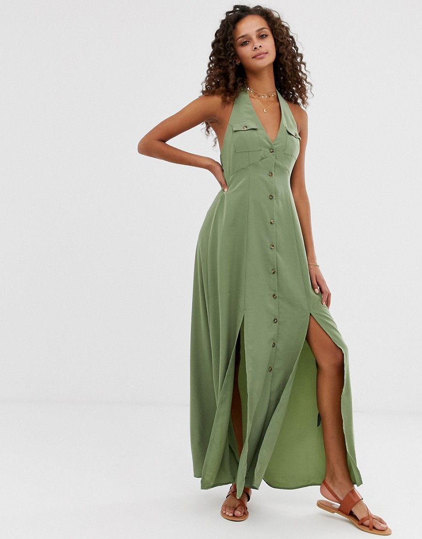 ASOS DESIGN - Lange jurk met halternek en knopen-Groen