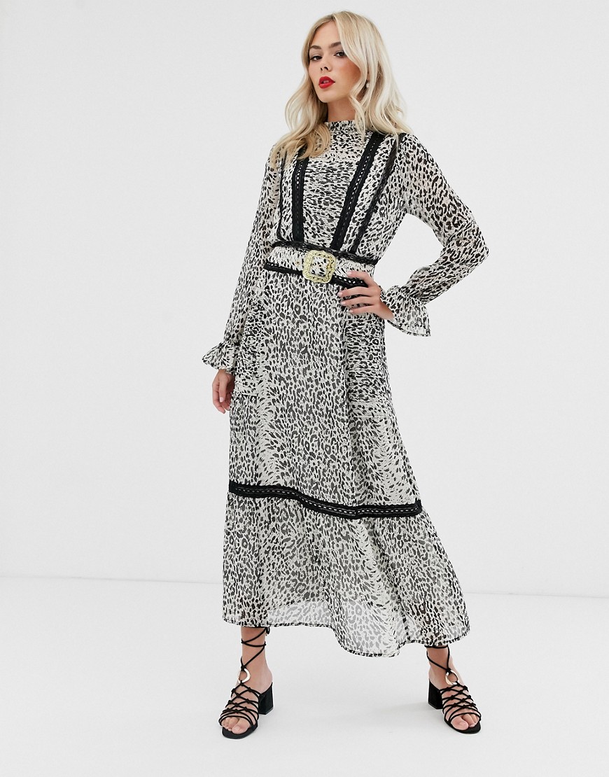 ASOS DESIGN - Lange jurk met kant, riem en luipaardprint-Multi