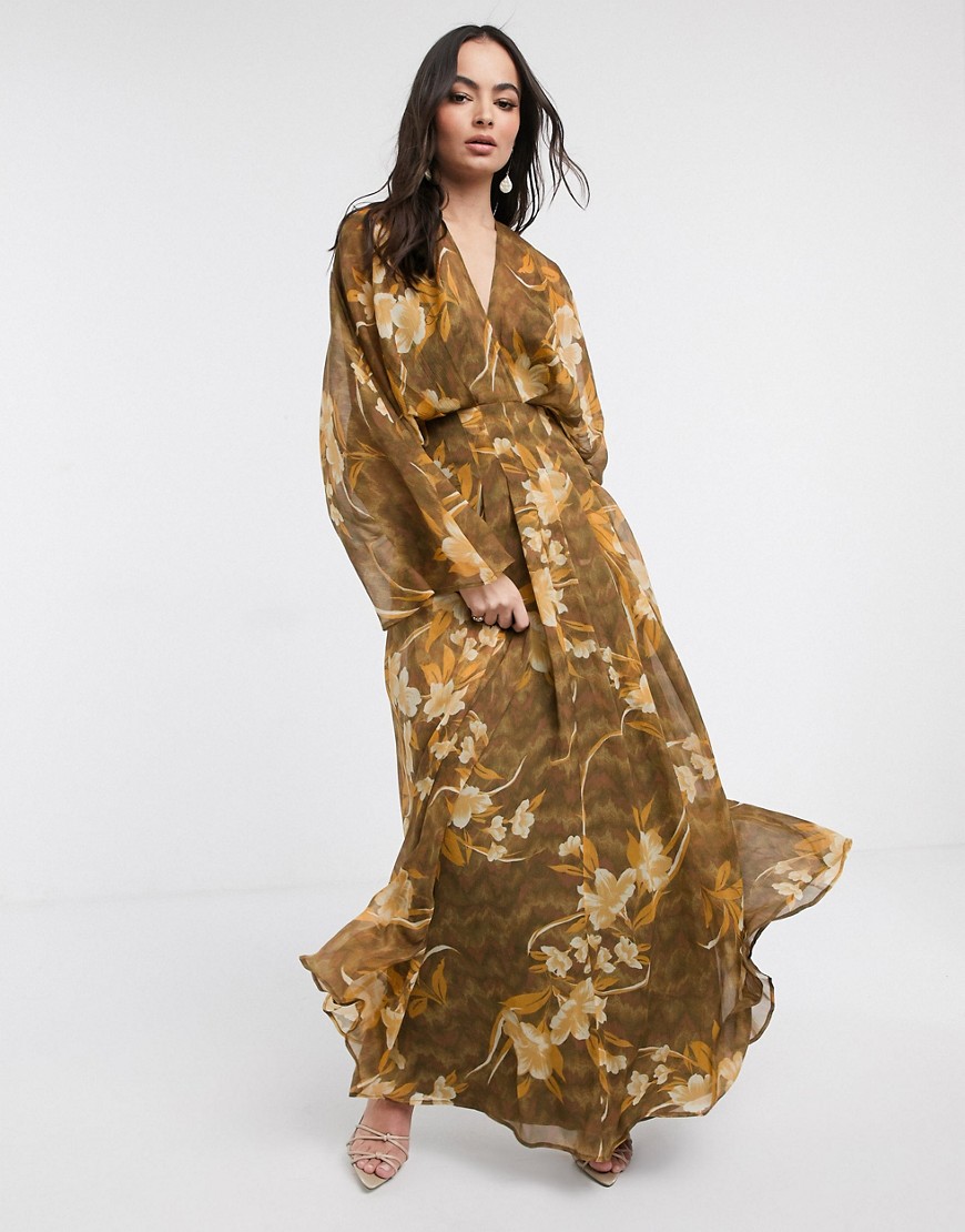ASOS DESIGN - Lange jurk met kimonomouwen en oversized bloemenprint-Multi