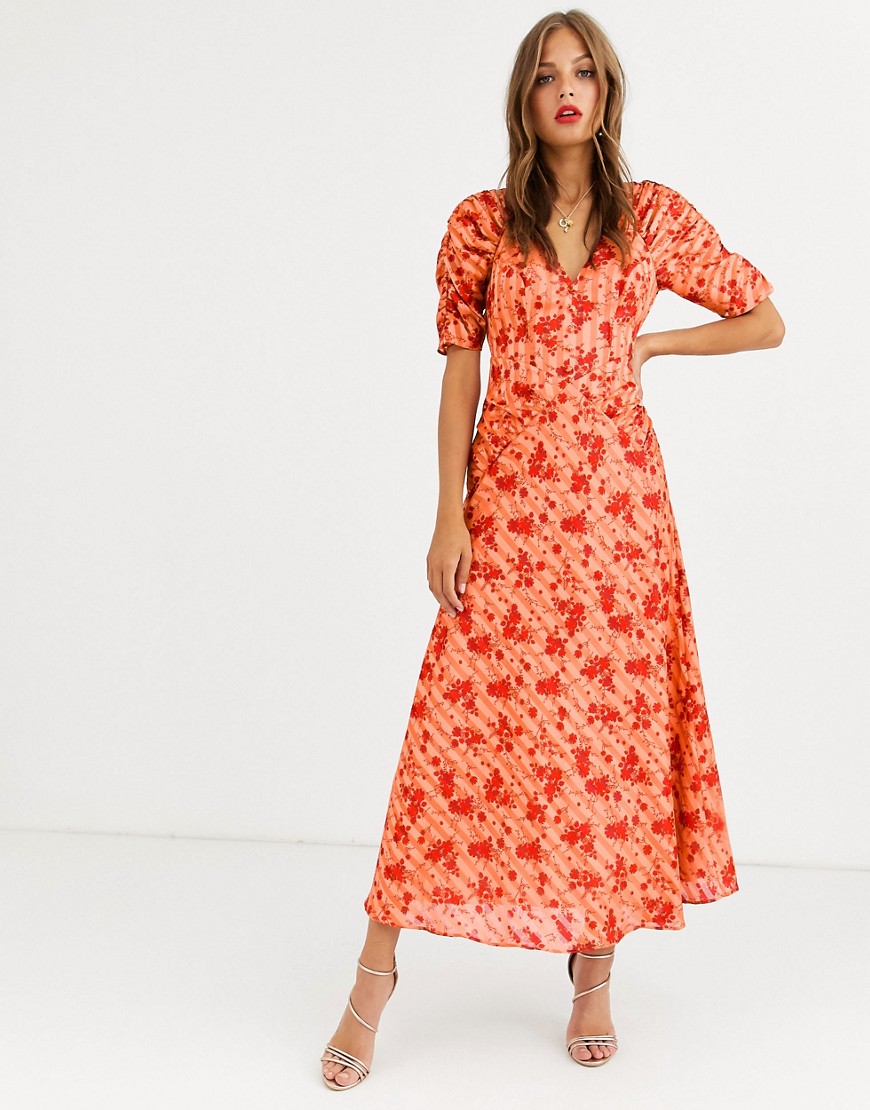 ASOS DESIGN - Lange jurk met knoopsluiting en ruchemouwen in bloemenprint-Multi