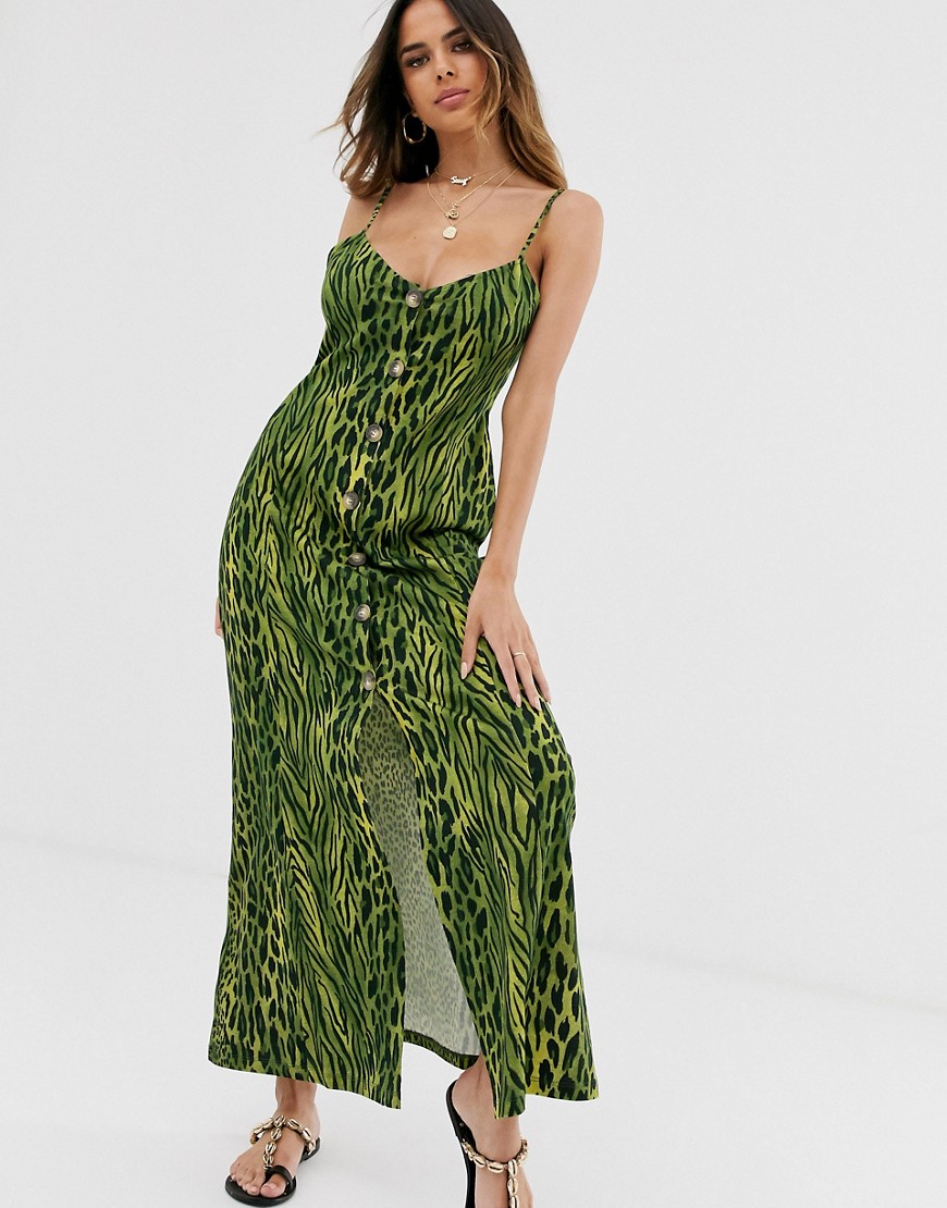 ASOS DESIGN - Lange jurk met knopen in groene dierenprint-Multi