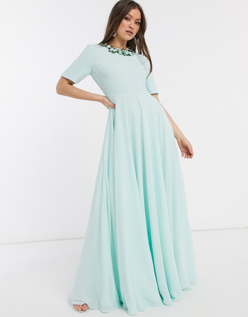 ASOS DESIGN - Lange jurk met korte mouwen en halslijn met versiering in 3D-Groen