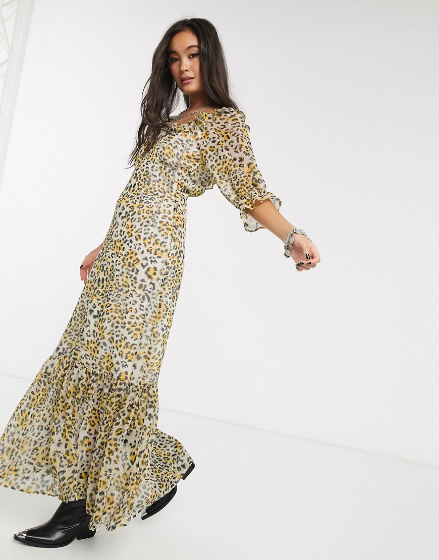 ASOS DESIGN - Lange jurk met lage ronde hals, strook en luipaardprint-Multi