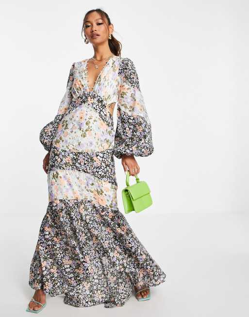 ASOS DESIGN - Lange jurk met lange mouwen, uitsnijding en knoopdetail in multi bloemenprint