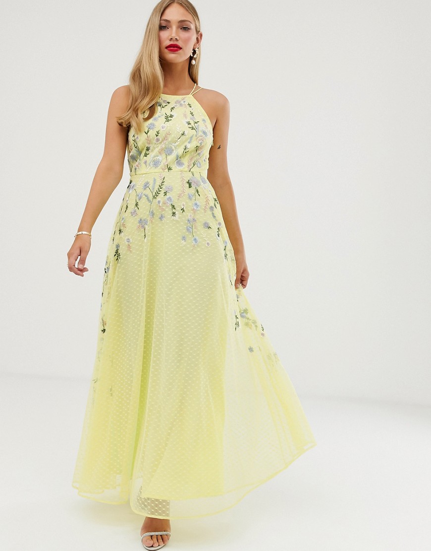 ASOS DESIGN - Lange jurk met overgooierlijfje van geborduurd dobby-Geel