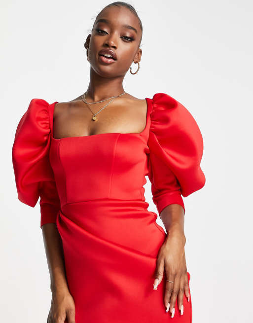 ASOS DESIGN - Lange jurk met overslag en pofmouwen in rood, 3 van 4