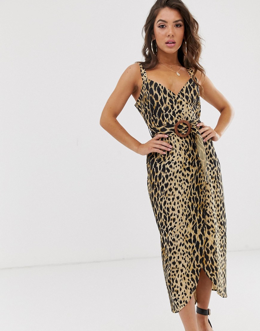 ASOS DESIGN - Lange jurk met overslag met riem met gesp en luipaardprint-Multi
