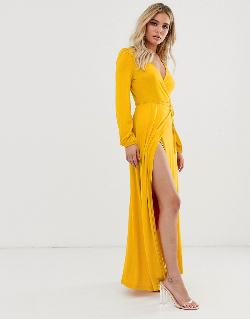 ASOS DESIGN - Lange jurk met overslag, pofmouwen en hoge split-Geel