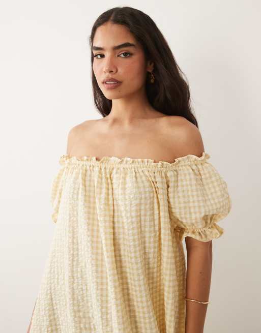 ASOS DESIGN - Lange jurk met pofmouwen en gingham ruit in crème, 2 van 4