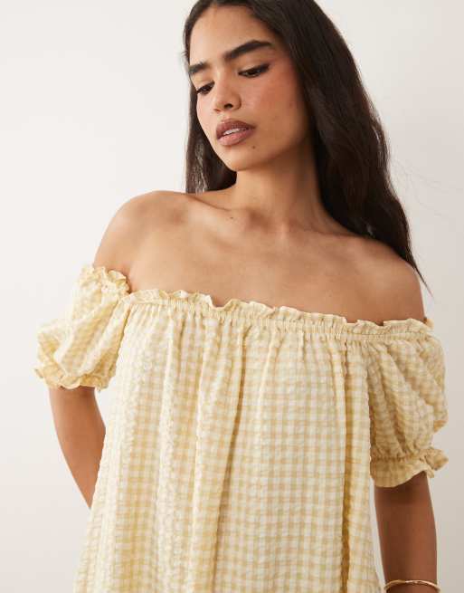 ASOS DESIGN - Lange jurk met pofmouwen en gingham ruit in crème, 4 van 4
