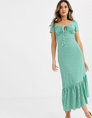 ASOS DESIGN - Lange jurk met pofmouwen en gingham-ruit-Multi
