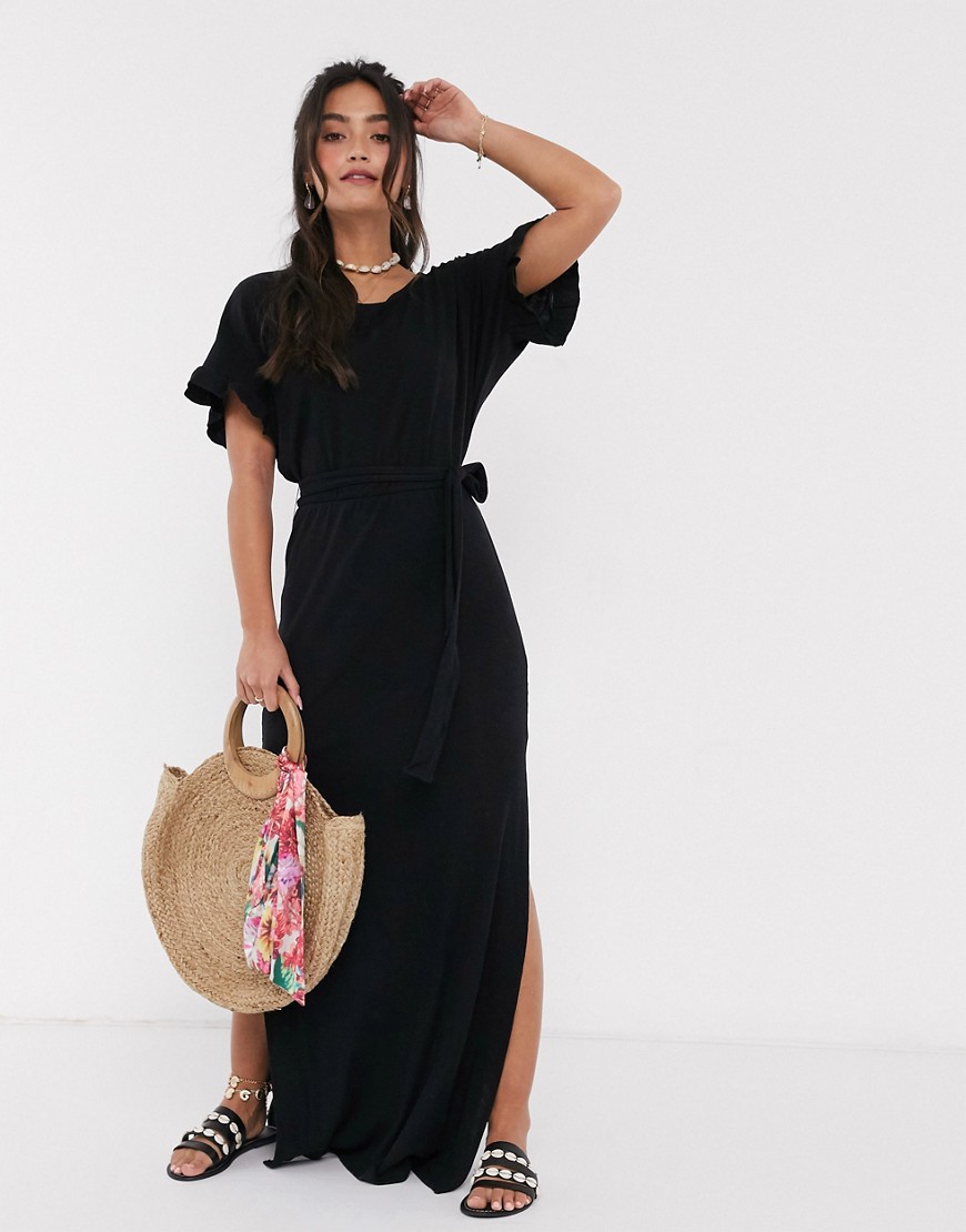 ASOS DESIGN - Lange jurk met riem en ruches aan de mouwen in zwart