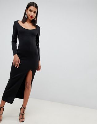ASOS DESIGN - Lange jurk met ronde hals en split op de dijen-Zwart