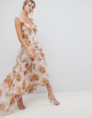 ASOS DESIGN - Lange jurk met ruche in rozenprint-Multi