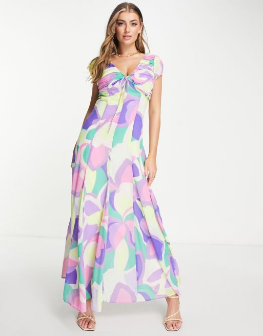 ASOS DESIGN - Lange jurk met ruches en strikdetail in abstracte bloemenprint