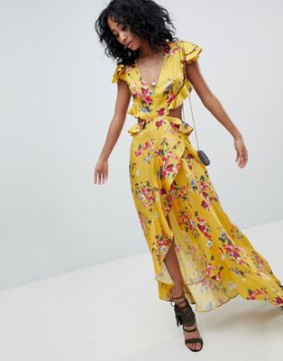 ASOS Design - Lange jurk met ruches en uitsnijding op de rug met gele bloemenprint-Multi