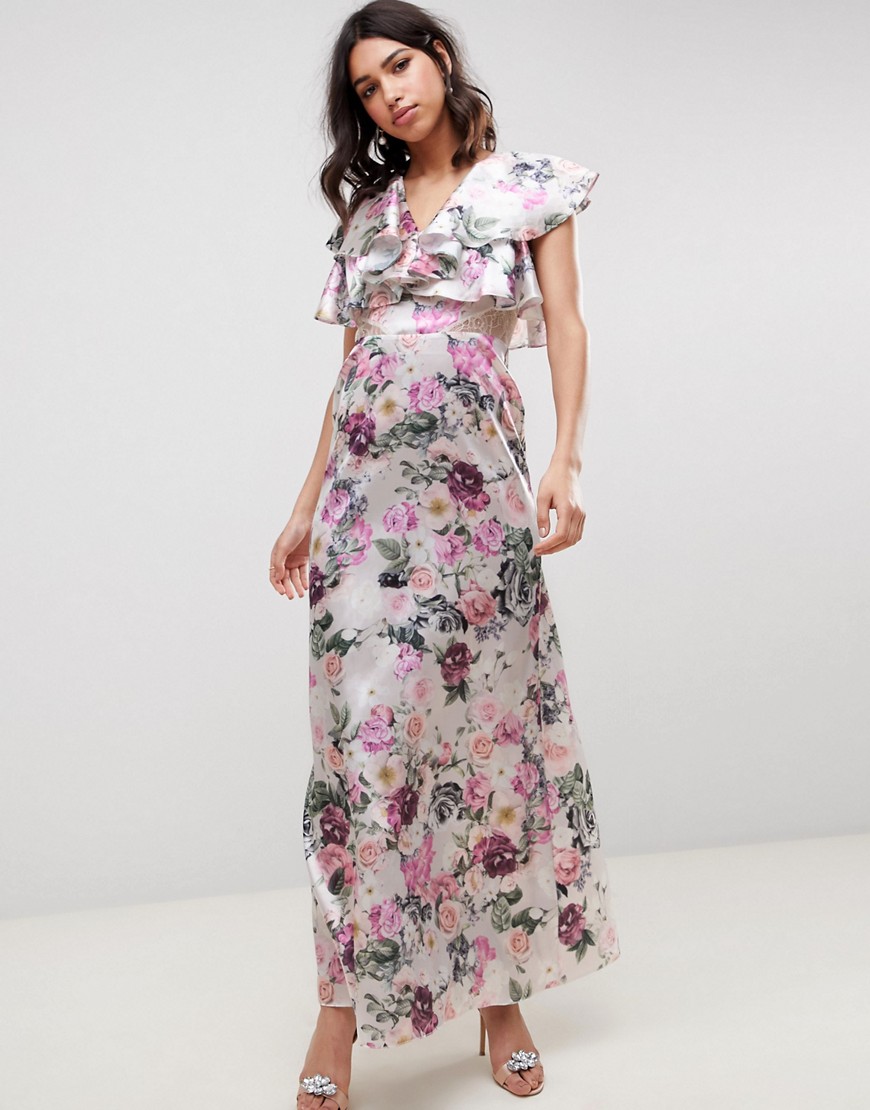 ASOS Design - Lange jurk met ruches, kanten inzetstukken en bloemenprint-Multi