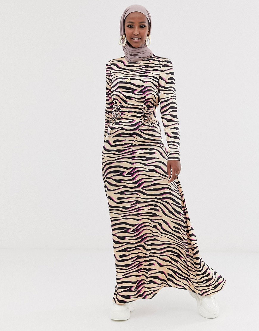 ASOS DESIGN - Lange jurk met strikceintuur en zebraprint-Multi