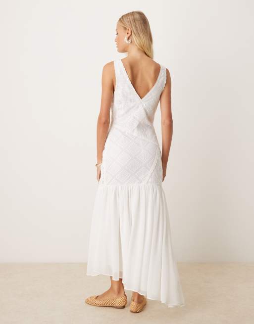 ASOS DESIGN - Lange jurk met V-hals en gehaakte buste in wit, 2 van 4