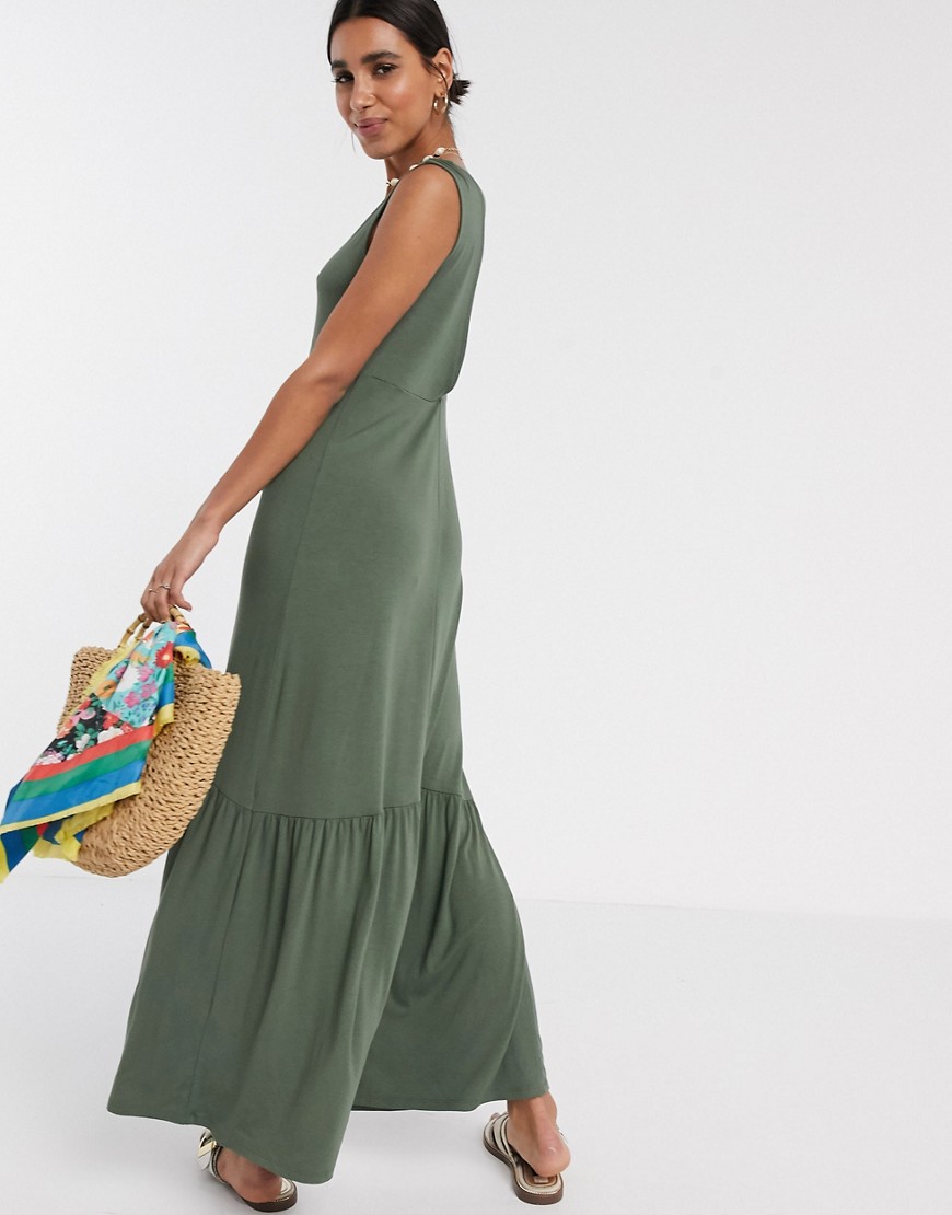 ASOS DESIGN - Lange jurk met v-hals en volle strook in kaki-Groen