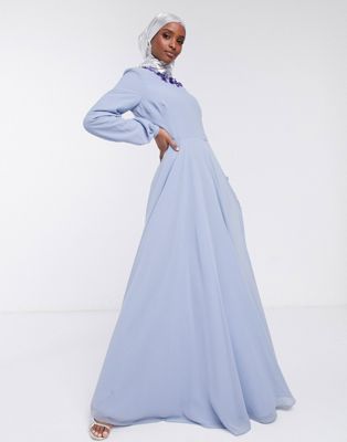 ASOS DESIGN - Lange jurk met versierde halslijn en lange mouwen in blauw