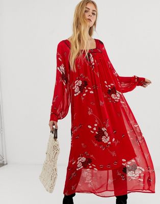 ASOS DESIGN - Lange jurk met zwierige vierkante hals, biezen en bloemenprint-Multi