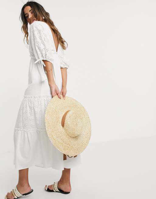 ASOS DESIGN - Lange jurk van broderie met laagjes in crèmekleur, 2 van 4