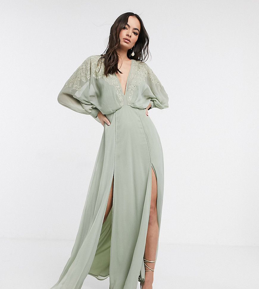 ASOS DESIGN - Lange jurk van gekreukt chiffon met geborduurde schouderpas-Groen