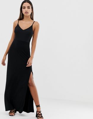 ASOS DESIGN - Lange jurk van gemengde stof met split-Zwart