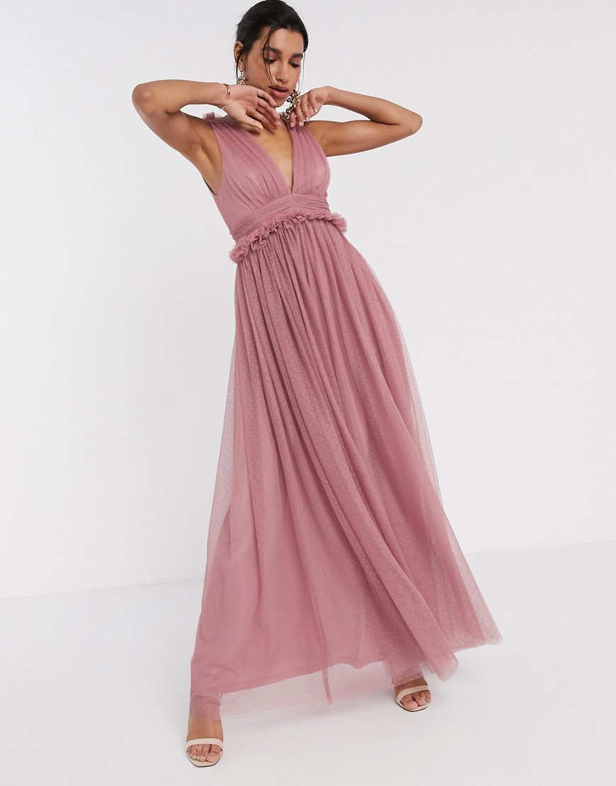 ASOS DESIGN - Lange jurk van gestipt tule met mesh en geplooide taille in mink-Roze