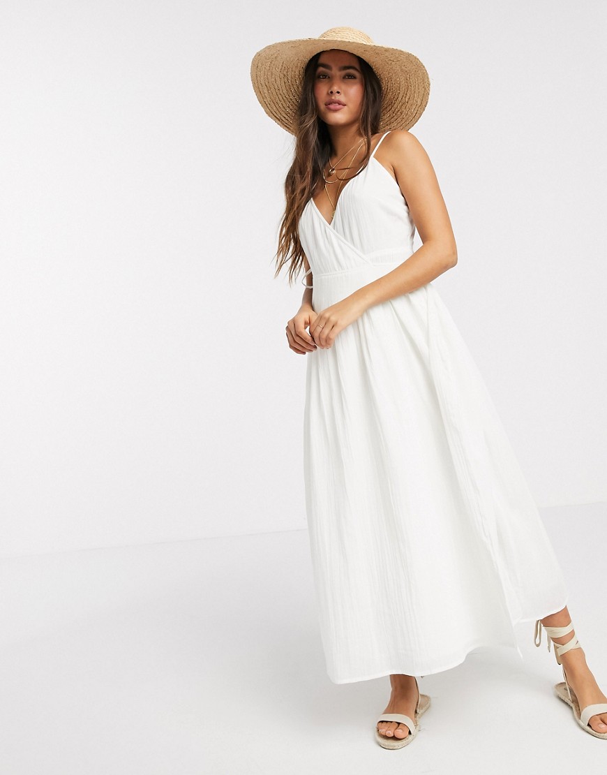 ASOS DESIGN - Lange jurk van kreukelstof met gestrikte overslag-Wit