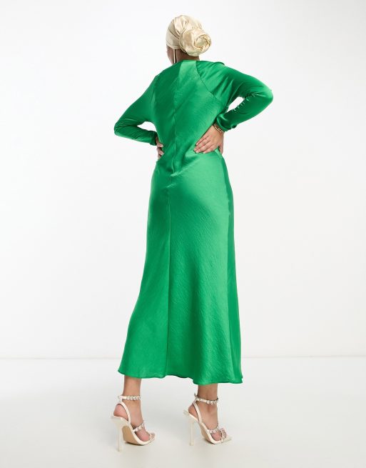 ASOS DESIGN - Lange jurk van schuin gesneden satijn met knoopjes in felgroen, 3 van 4