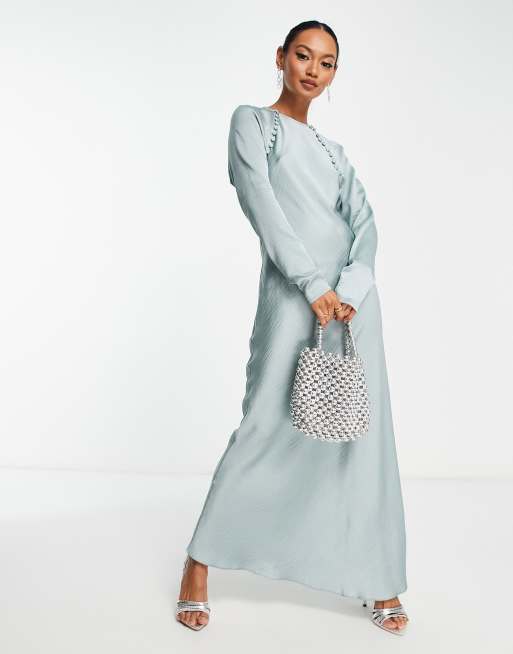 ASOS DESIGN - Lange jurk van schuin gesneden satijn met knoopjes in lichtblauw, 2 van 4
