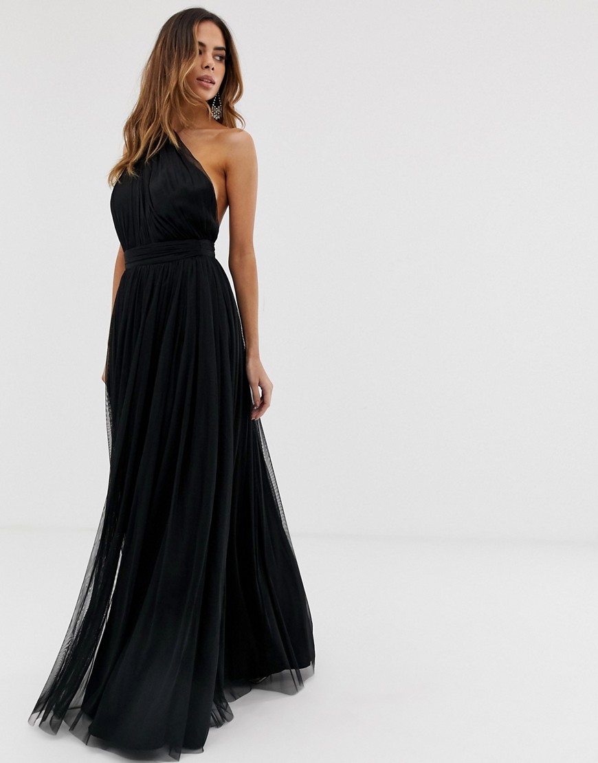 ASOS DESIGN - Lange jurk van tule met blote schouder-Zwart