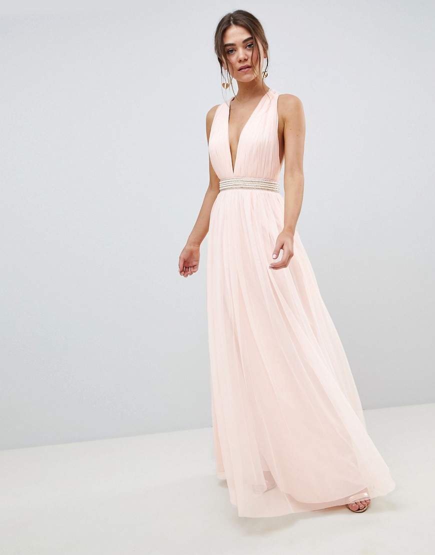 ASOS DESIGN lange jurk van tule met versierde tailleband-Roze