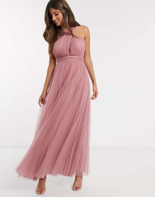 ASOS DESIGN - Lange jurk van tulle met gekruiste halternek in roze