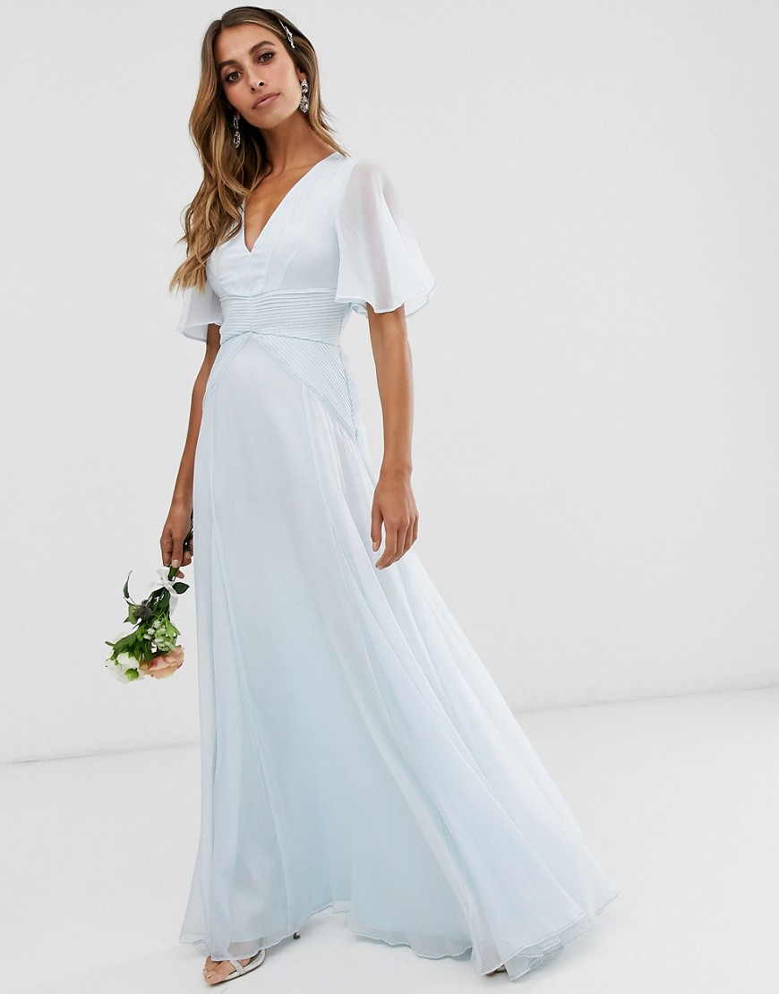 ASOS DESIGN - Lange jurk voor bruidsmeisjes met fladdermouwen en geplooide taille-Blauw
