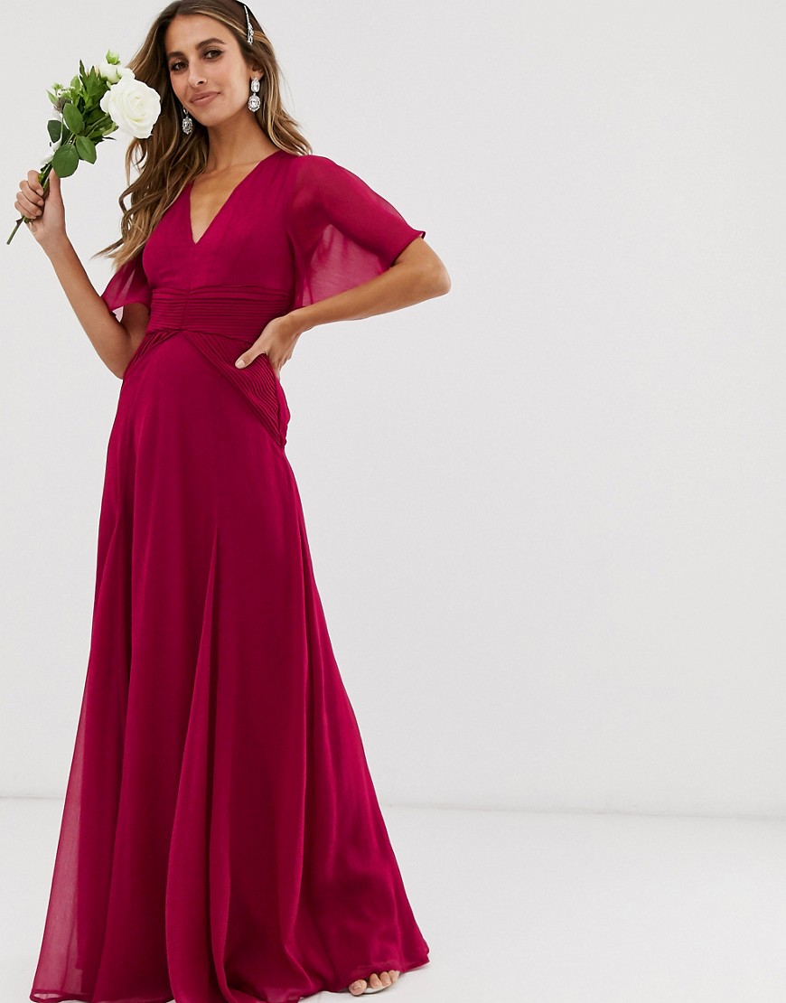 ASOS DESIGN - Lange jurk voor bruidsmeisjes met fladdermouwen en geplooide taille-Rood