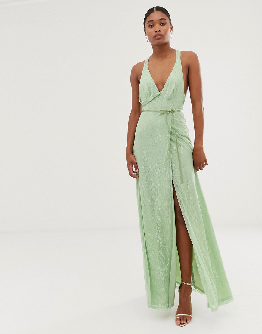 ASOS DESIGN - Lange kanten jurk met overslag en satijnen strikbandje-Groen