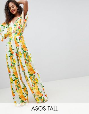 ASOS DESIGN - Lange kimono jumpsuit met wijde pijpen in fruitprint-Multi