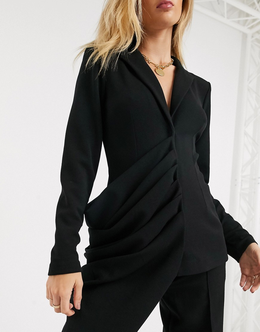 ASOS DESIGN - Lange linnen blazer in jersey met asymmetrisch gedrapeerd detail-Zwart