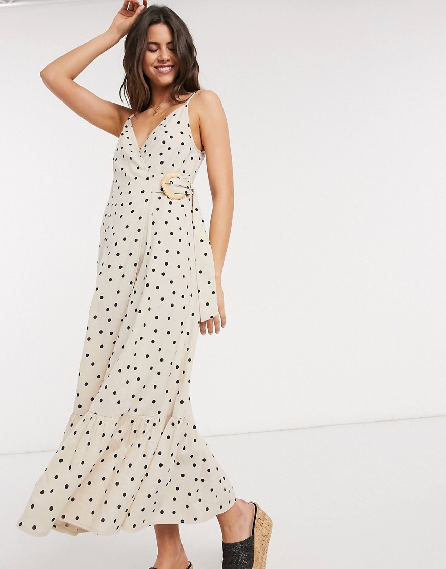 ASOS DESIGN - Lange linnen cami-jurk met overslag, gesp en stippen-Multi