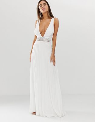 ASOS DESIGN - Lange mouwloze jurk met kanten lijfje en geplooide rok-Wit