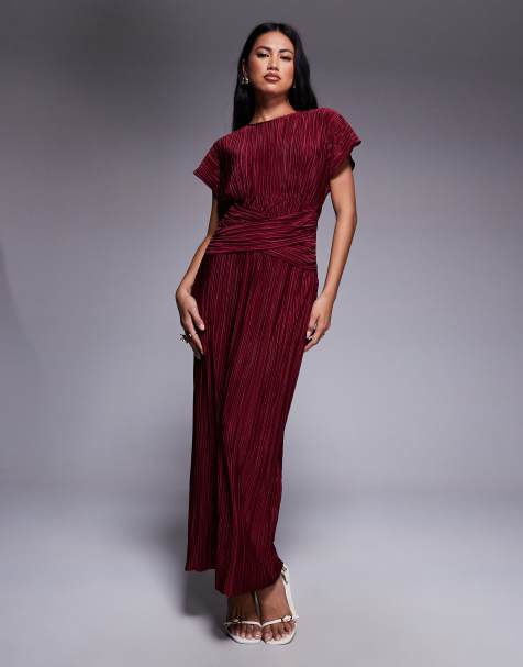ASOS DESIGN - Lange mouwloze plisséjurk met gedraaide voorkant in wijnrood - view 1