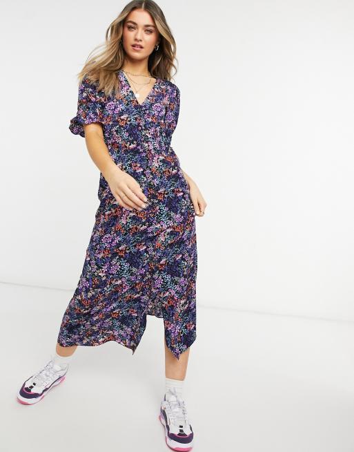 ASOS DESIGN - Lange nette jurk met knopen, gesmokte taille en bloemenprint in paars
