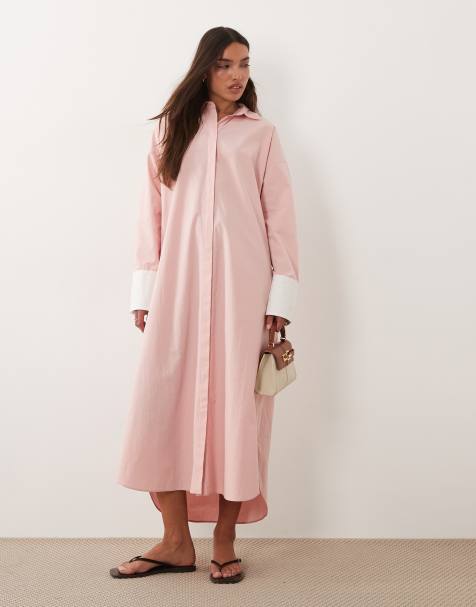 ASOS DESIGN - Lange overhemdjurk met contrasterende manchetten in roze en wit - view 1
