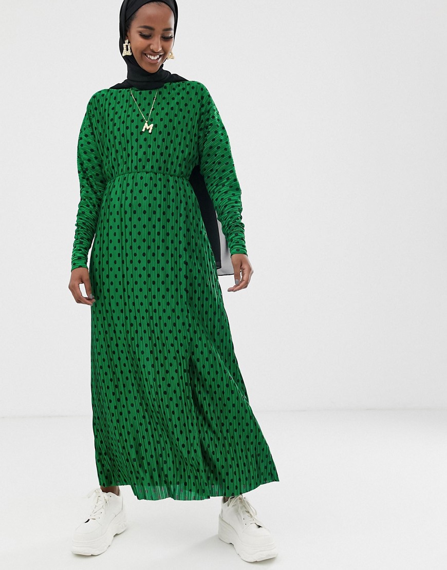 ASOS DESIGN - Lange plissé jurk in groene stippen-Multi