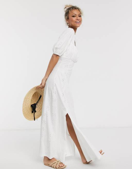 ASOS DESIGN - Lange prairiejurk met vierkante hals en broderie in wit, 4 van 4