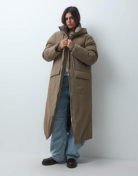 ASOS DESIGN lange pufferjas met capuchon in mushroom - view 1