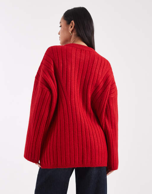 ASOS DESIGN - Lange ribgebreide trui met ronde hals in rood, 4 van 4